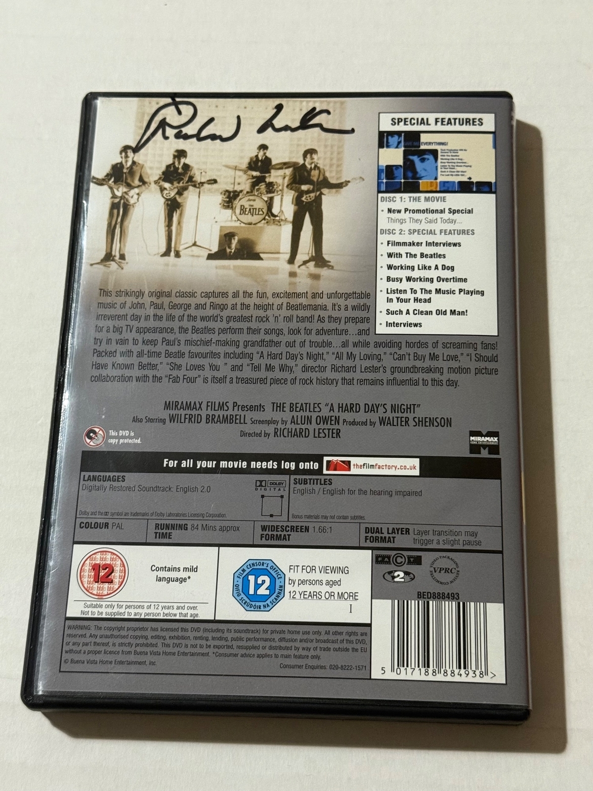 A Hard Days Night DVD. Signed by Richard Lester