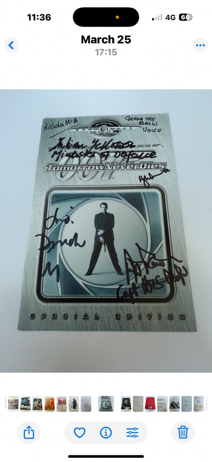 Tomorrow Never Dies DVD sleeve signed by Nicola McAuliffe, Julian Fellowes, Hugh Bonneville, Judi Dench and Pip Torrens. DVD sleeve only