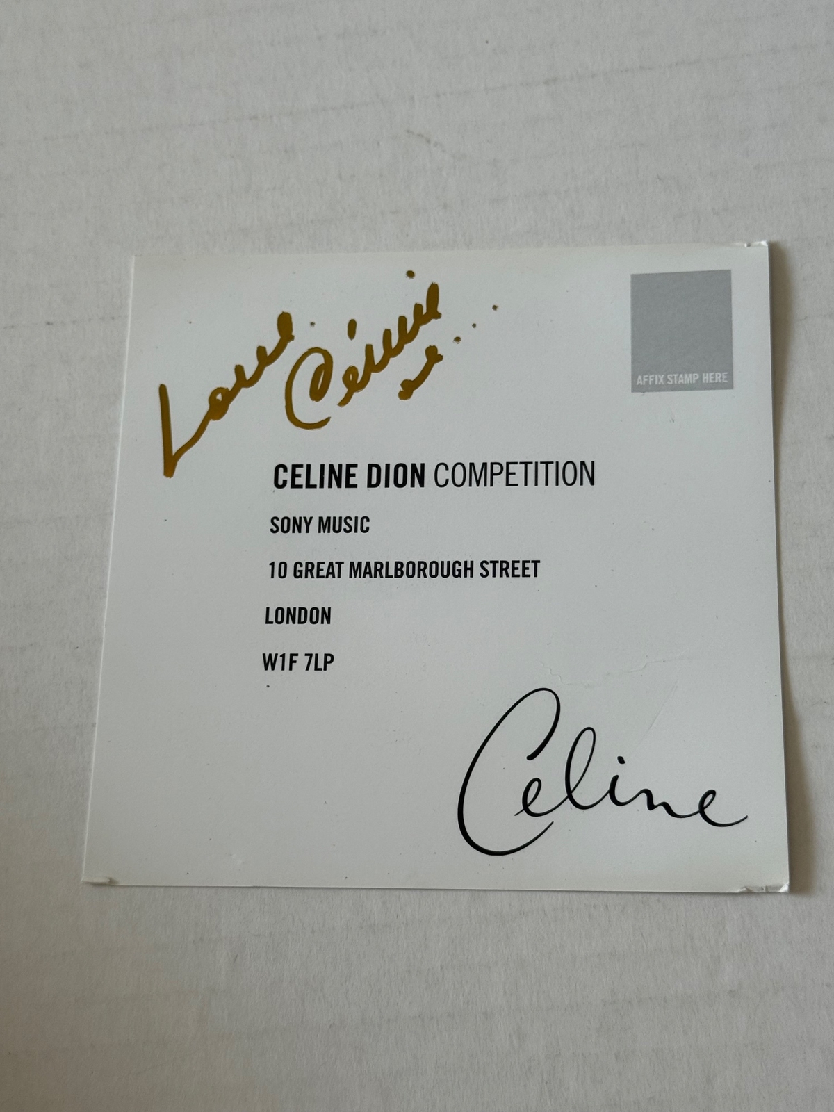 Celine Dion - signed competition slip
