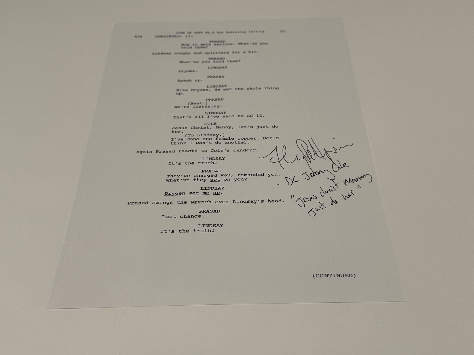 Line of Duty script page - signed by Henry Pettigrew (DC Jeremy Cole).