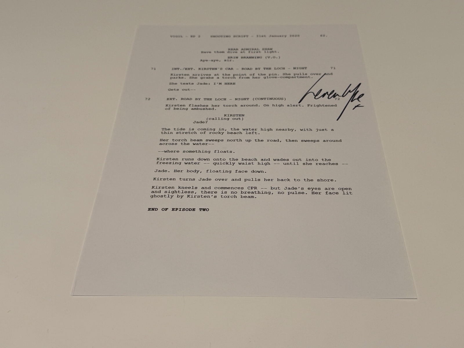 Vigil Script page - signed by Lauren Lyle.