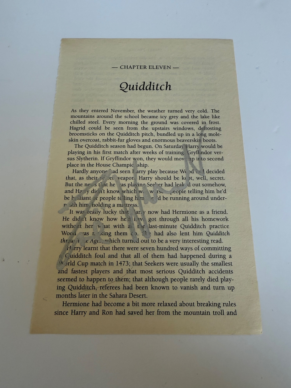 Harry Potter and the Philosopher’s Stone page signed by Zoe Wanamaker.