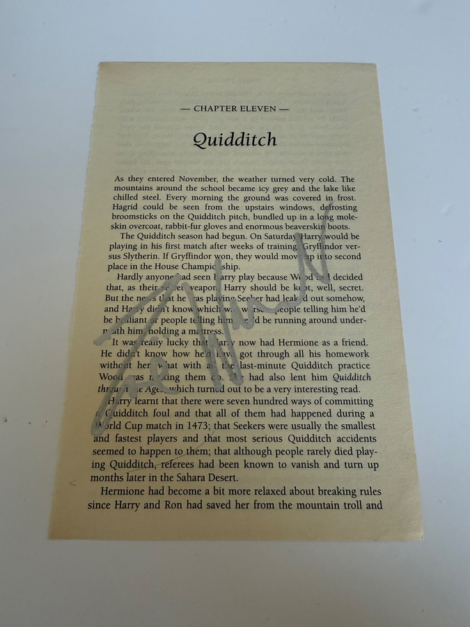Harry Potter and the Philosopher’s Stone page signed by Zoe Wanamaker.
