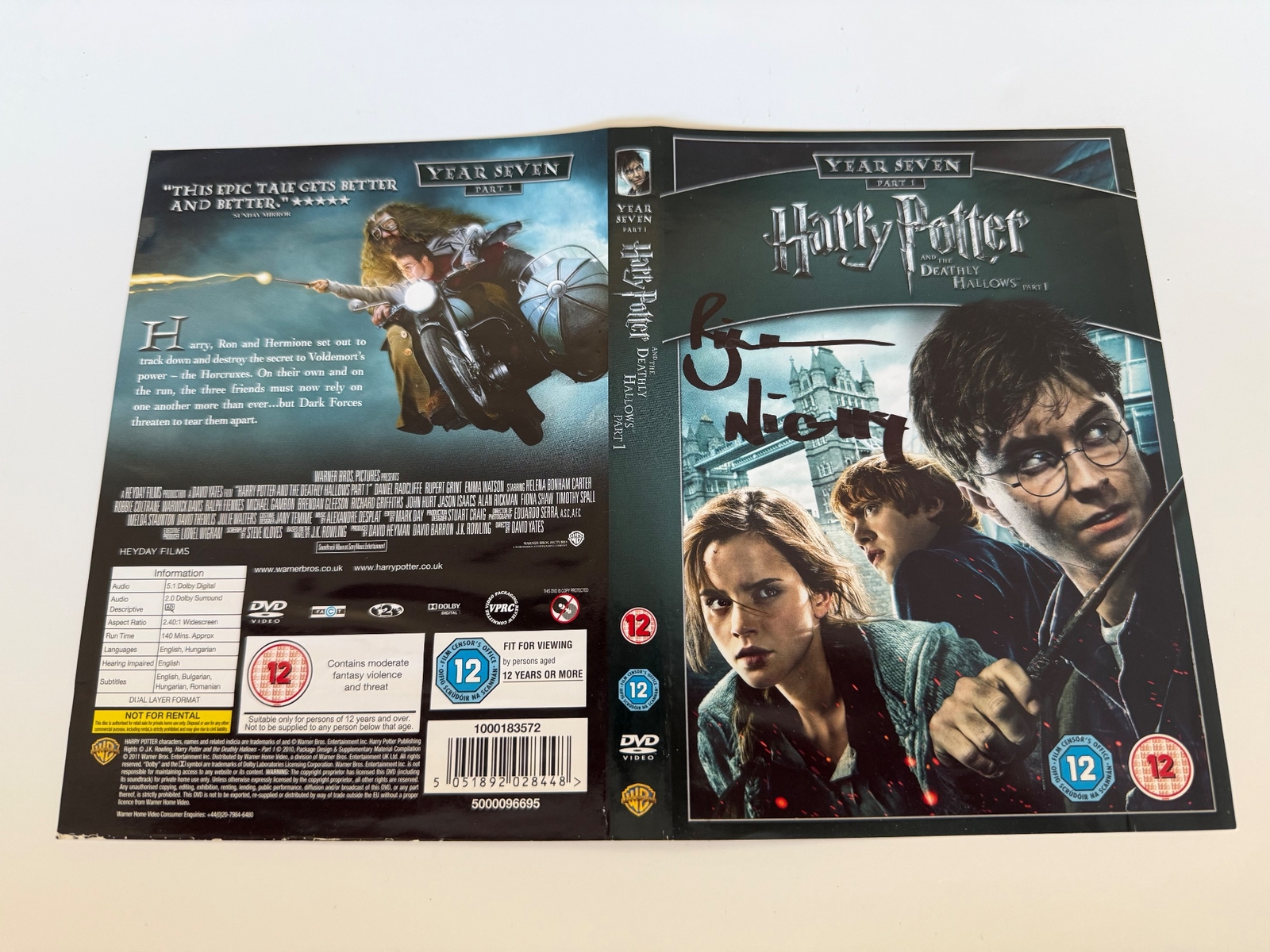 Harry Potter and the Deathly Hallows Part 1 DVD sleeve signed by Bill Nighy. DVD sleeve only