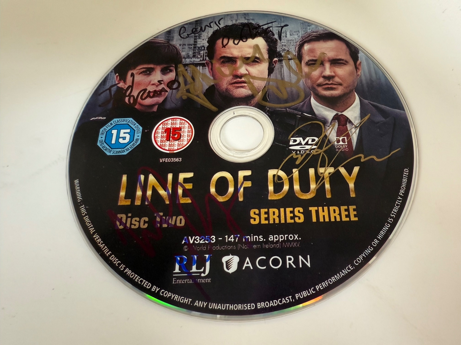 LINE OF DUTY DVD DISC (SERIES 3) SIGNED BY ADRIAN DUNBAR, WILL MELLOR, DANIEL MAYS, GEORGE COSTIGAN AND JED MERCURIO. DISC ONLY.