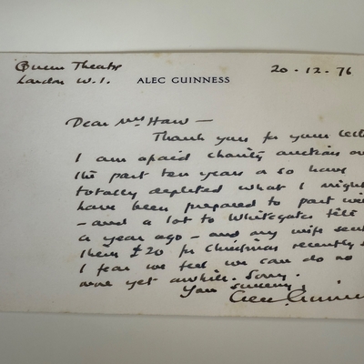 Alec Guinness handwritten card