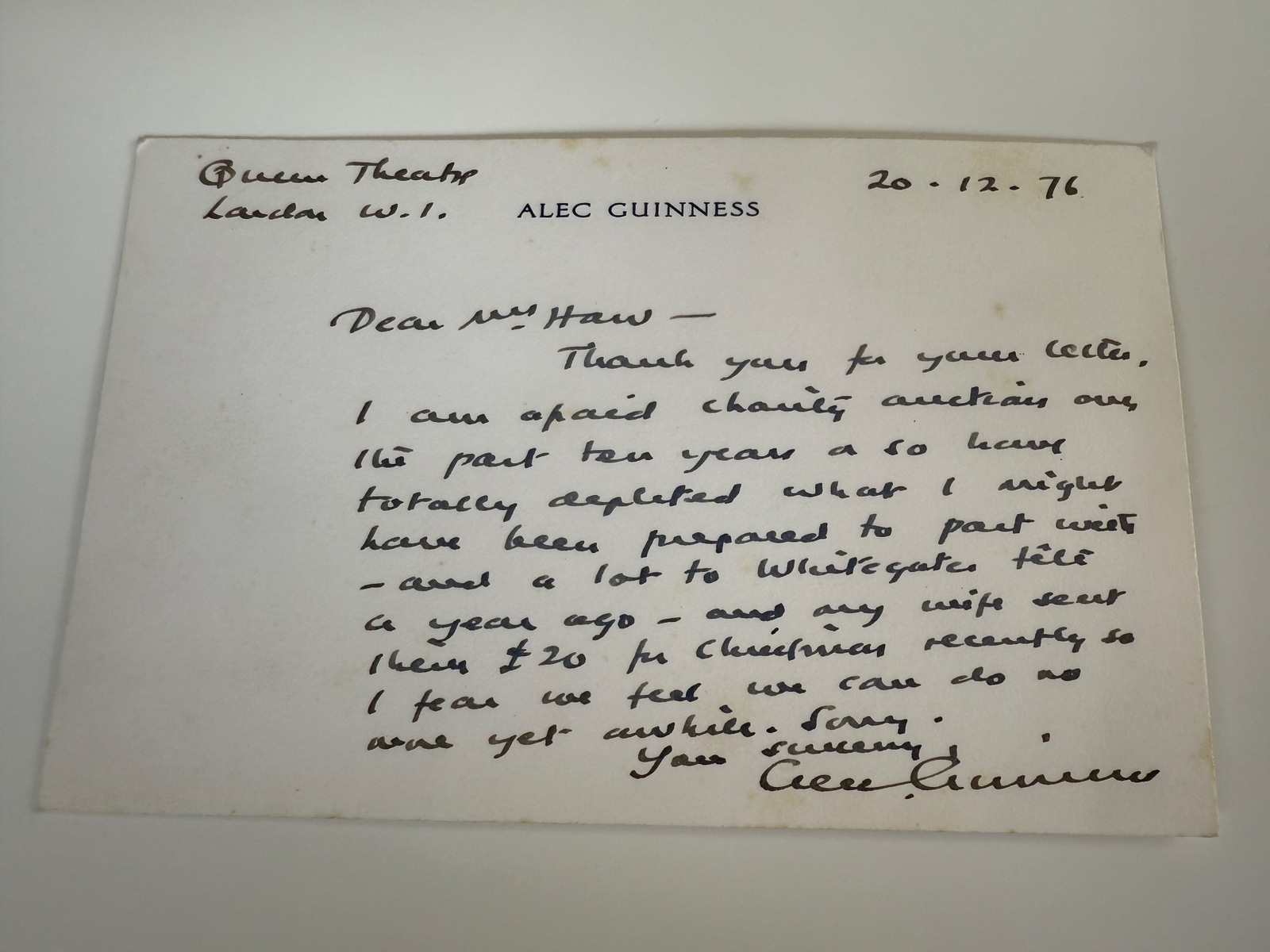 Alec Guinness handwritten card