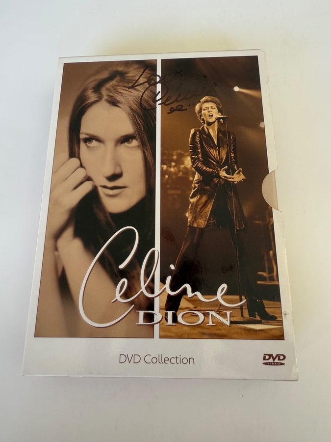 Celine Dion - signed DVD collection. Signed on outer cover (slight damage) and booklet by Celine Dion