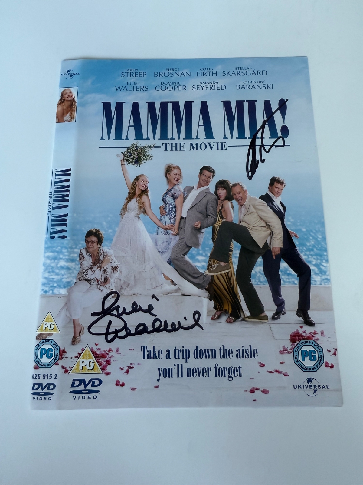 Mamma Mia the Movie DVD cover signed by Julie Walters and Colin Firth