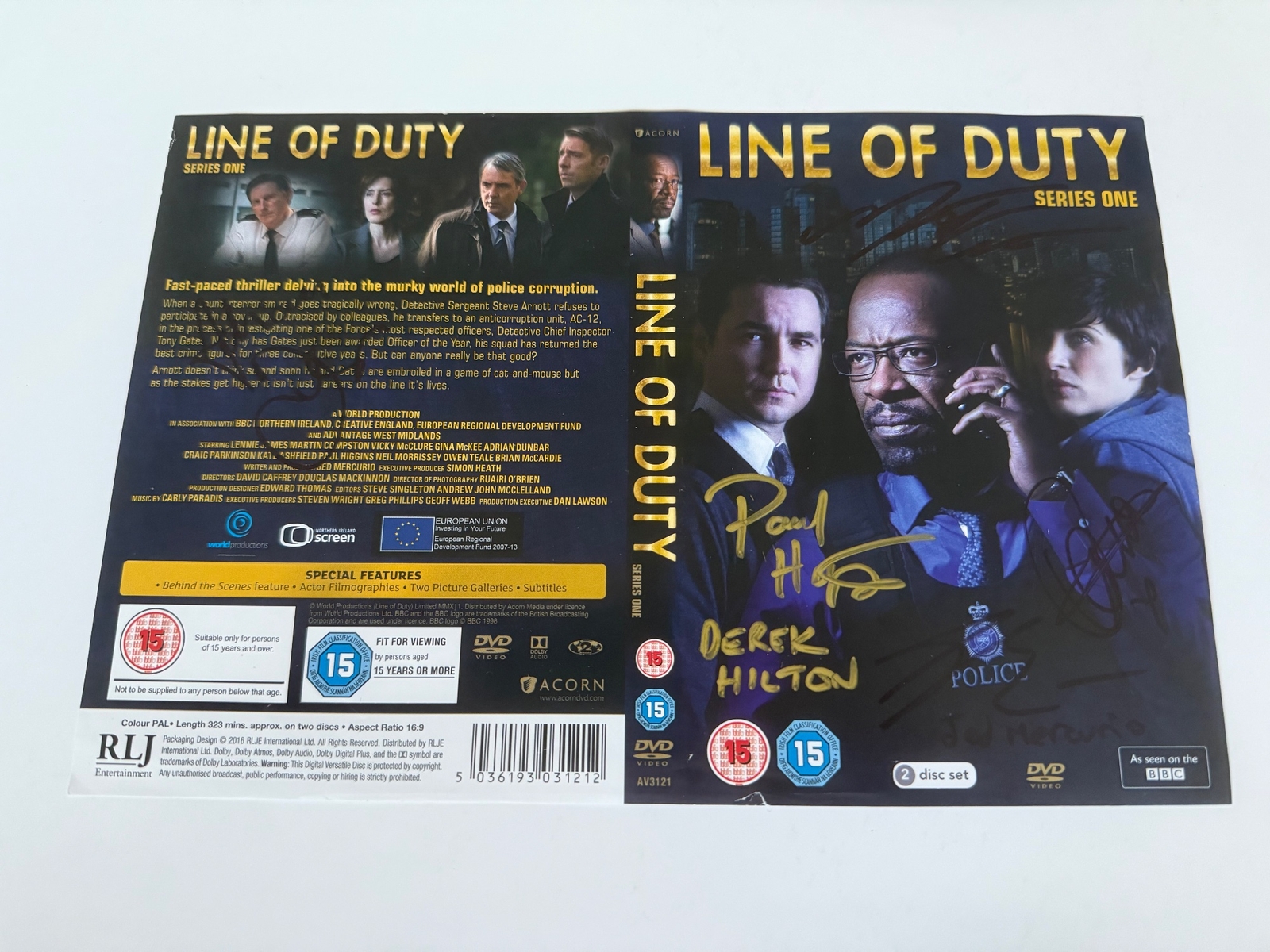 Line of Duty DVD cover signed by Paul Higgins (Derek Hilton), Jed Mercurio, Martin Compston, Adrian Dunbar and Vicky McClure. DVD cover only