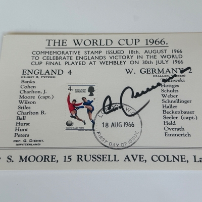 The World Cup 1966 Commemorative stamp signed by Franz Beckenbauer.