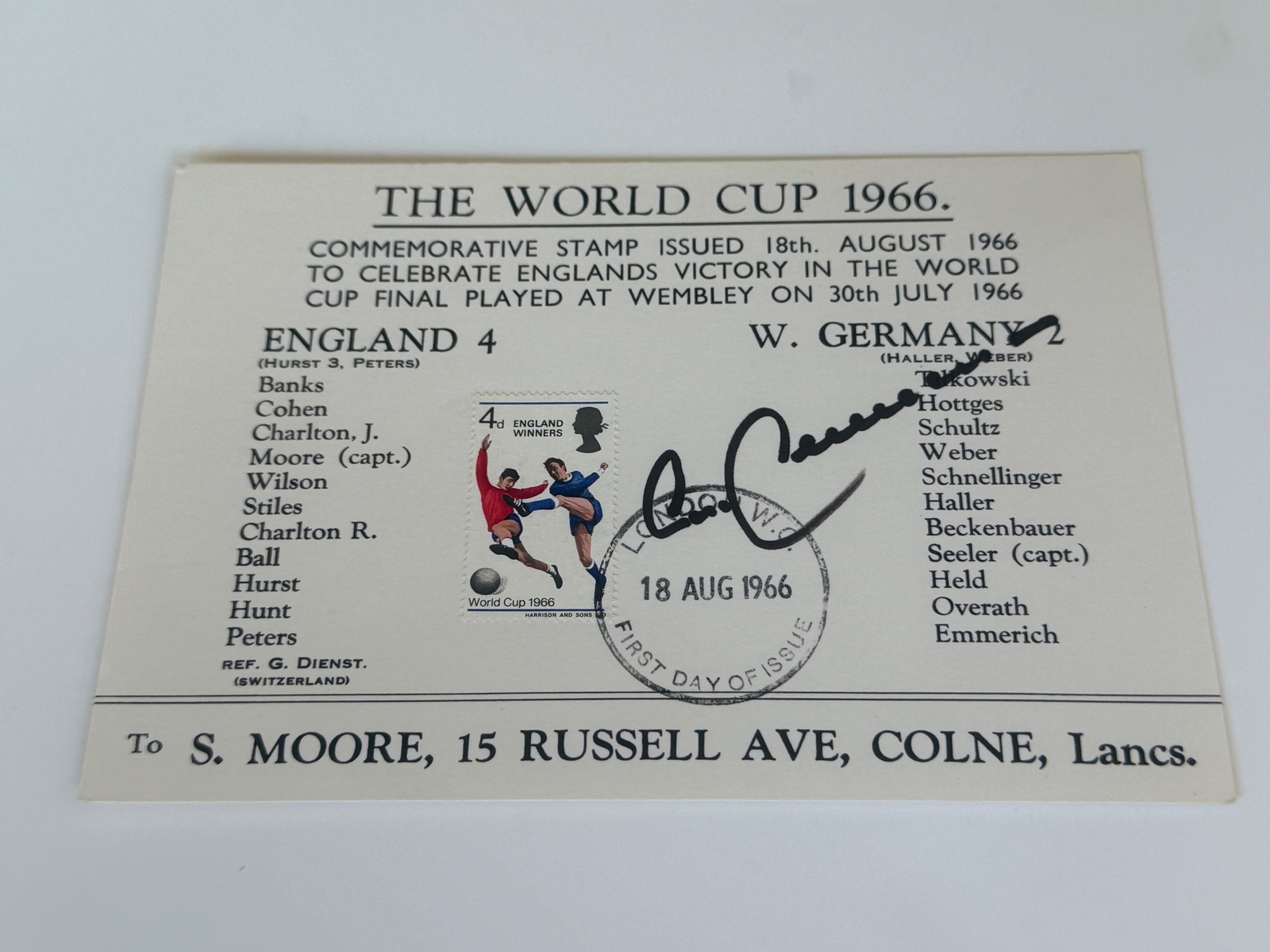 The World Cup 1966 Commemorative stamp signed by Franz Beckenbauer.