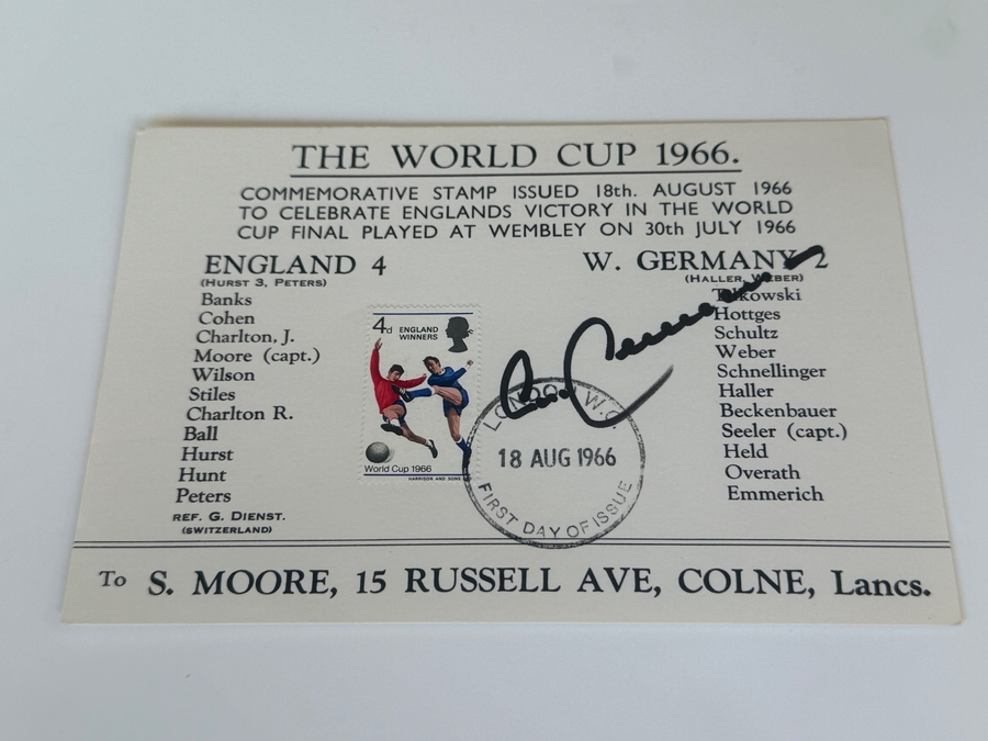 The World Cup 1966 Commemorative stamp signed by Franz Beckenbauer.