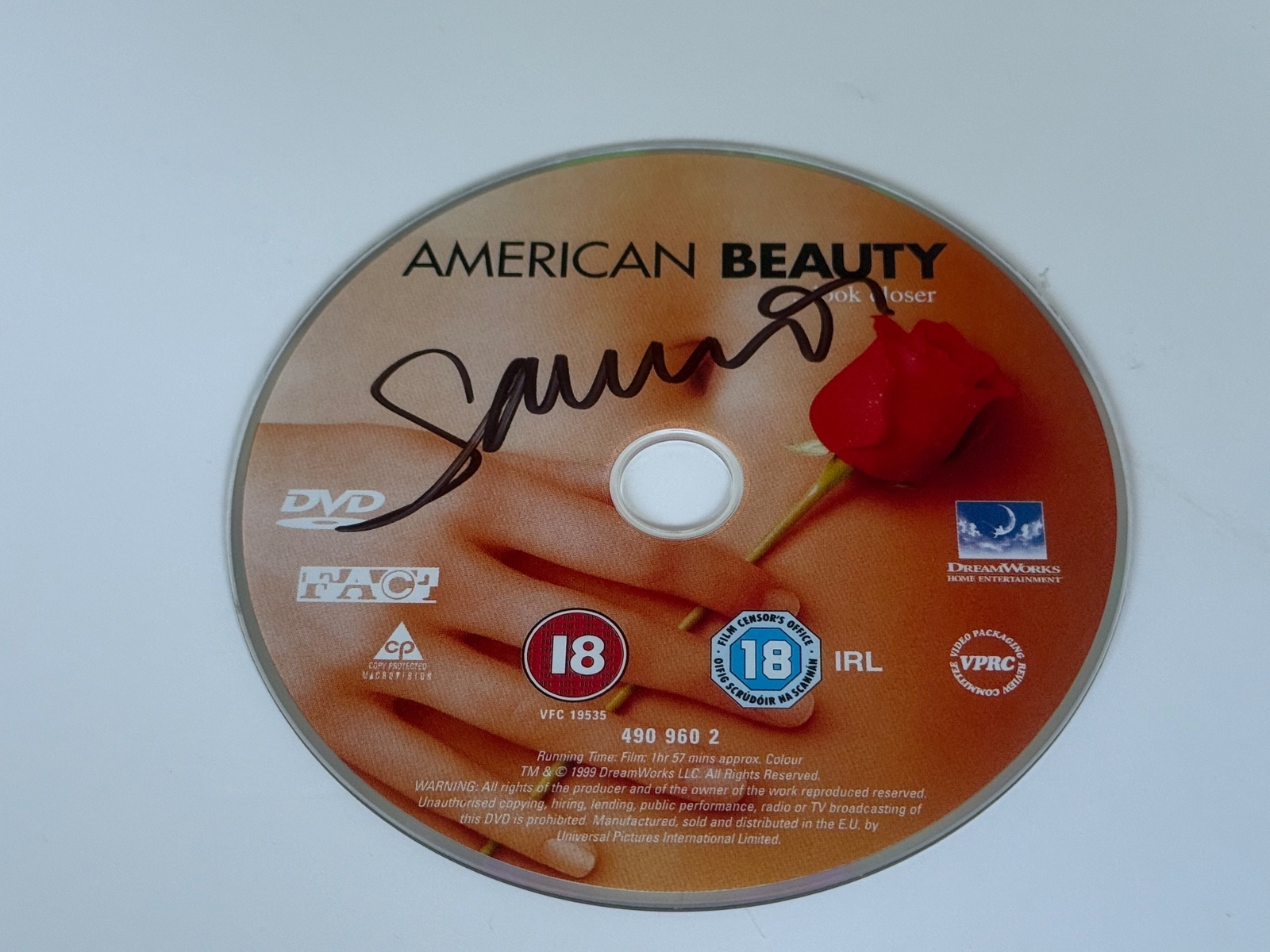 American Beauty DVD signed by Sam Mendes. DVD disc only