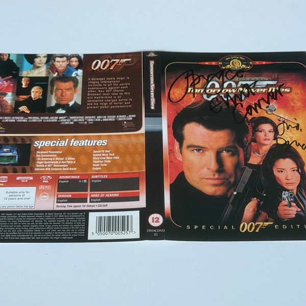 Tomorrow Never Dies DVD sleeve signed by Jonathan Pryce, Elliott Carver and Judi Dench. DVD sleeve only