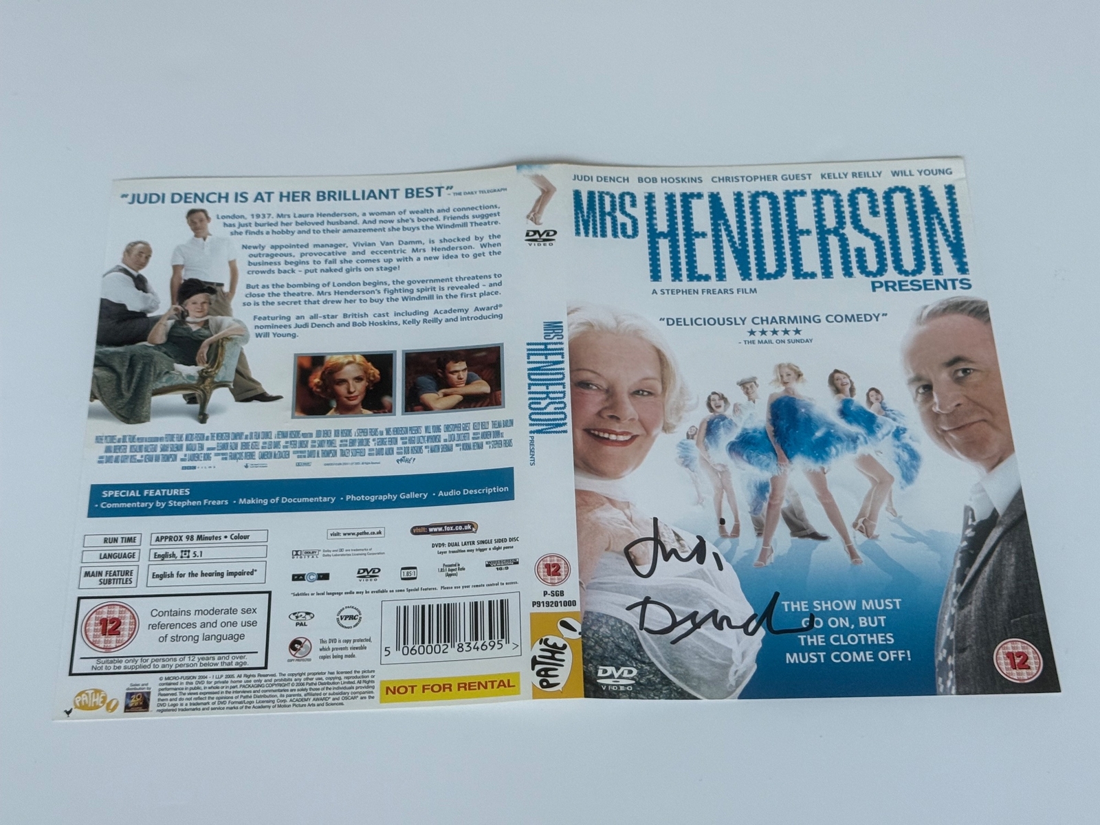 Mrs Henderson Presents DVD cover signed by Judi Dench. DVD sleeve only