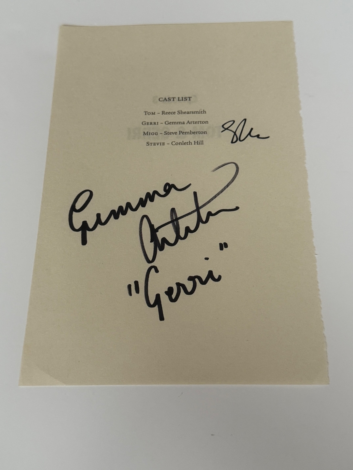 Inside No 9 script page signed by Gemma Arterton and Steve Pemberton. Creased page.