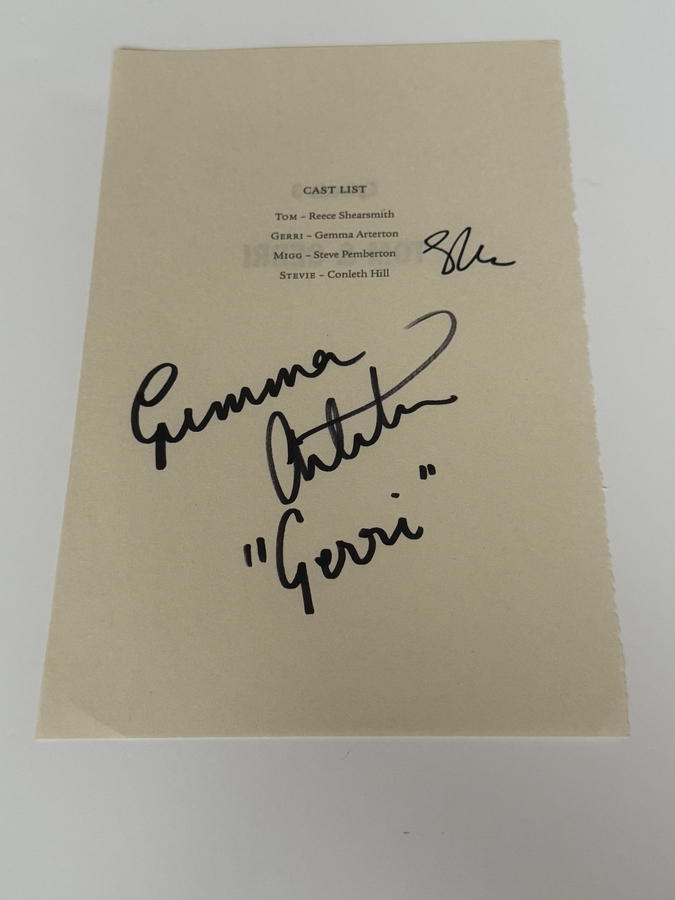 Inside No 9 script page signed by Gemma Arterton and Steve Pemberton. Creased page.