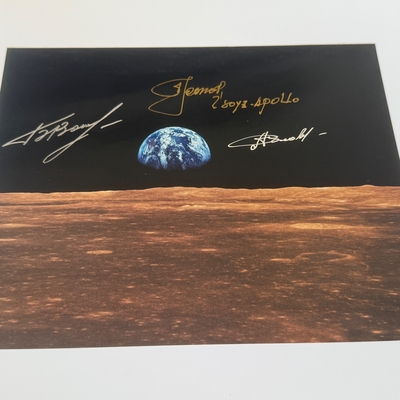 photograph signed by Cosmonauts Alexei Leonov, Boris Volynov and Anatoly Solovyov
