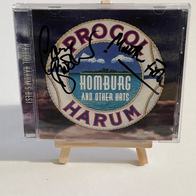 Procol Harum - Homburg and other hats. Signed by Matthew Fisher,Gary Brooker on front. On rear of booklet Matt Pegg, Mick Graham and Chris Copping. On back Alan Cartwright, Dave Bronze, David Knights?