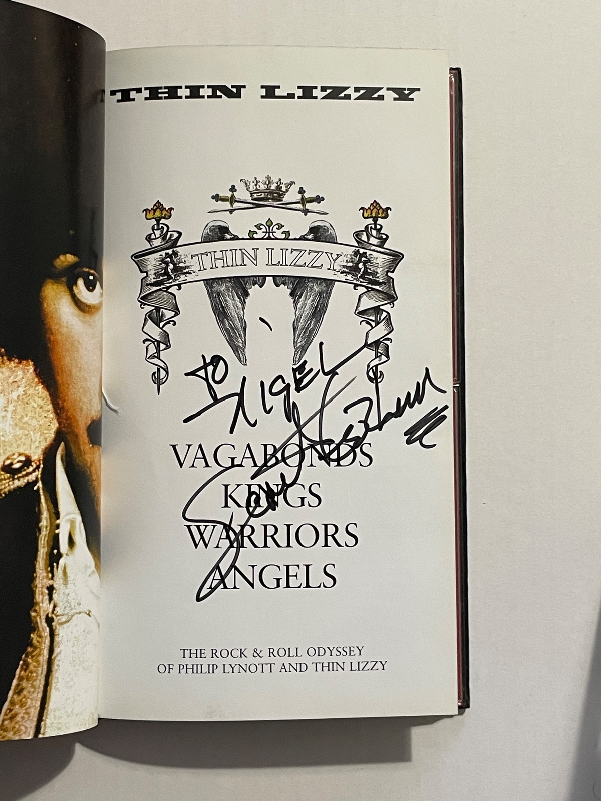Thin Lizzy Vagabonds Kings Warriors Angels box set. Dedicated to Nigel by Scott Gorham and also signed by Gary Moore