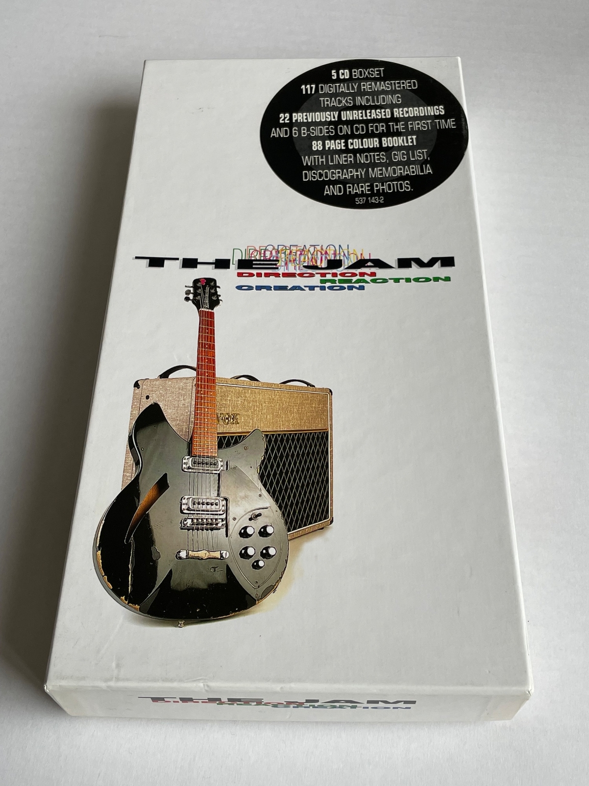 The Jam - Direction, Reaction, Creation CD box set. Signed by Bruce Foxton and Rick Buckler twice. Once dedicated to Nigel
