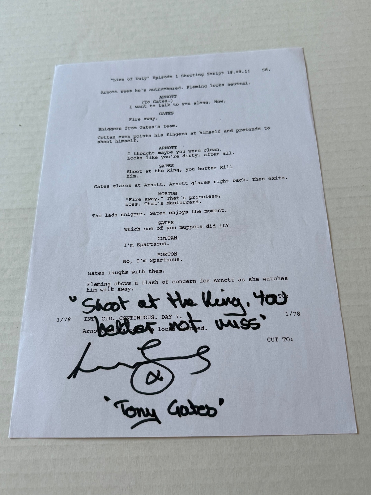 Line of Duty script page signed by Lennie James (Tony Gates)