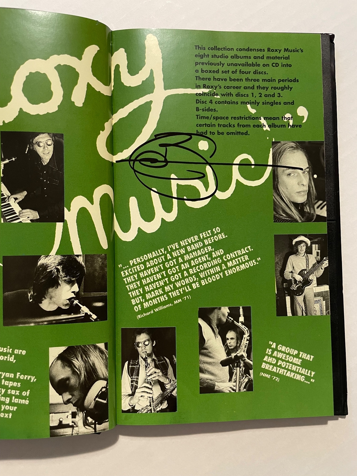 Roxy Music - The Thrill Of It All CD. Signed by Brian Eno, Andy Mackay, Jerry Hall, Paul Thompson, Phil Manzera and Bryan Ferry
