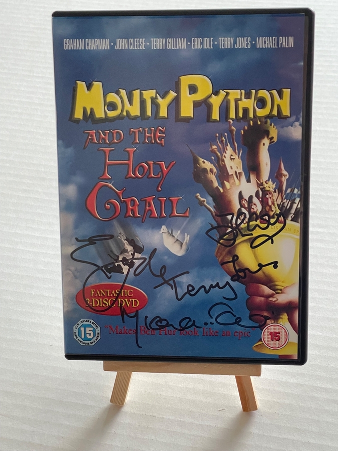Monty Python and The Holy Grail DVD, signed by John Cleese, Eric Idle, Terry Jones, Michael Palin, Carol Cleveland and Terry Gillam
