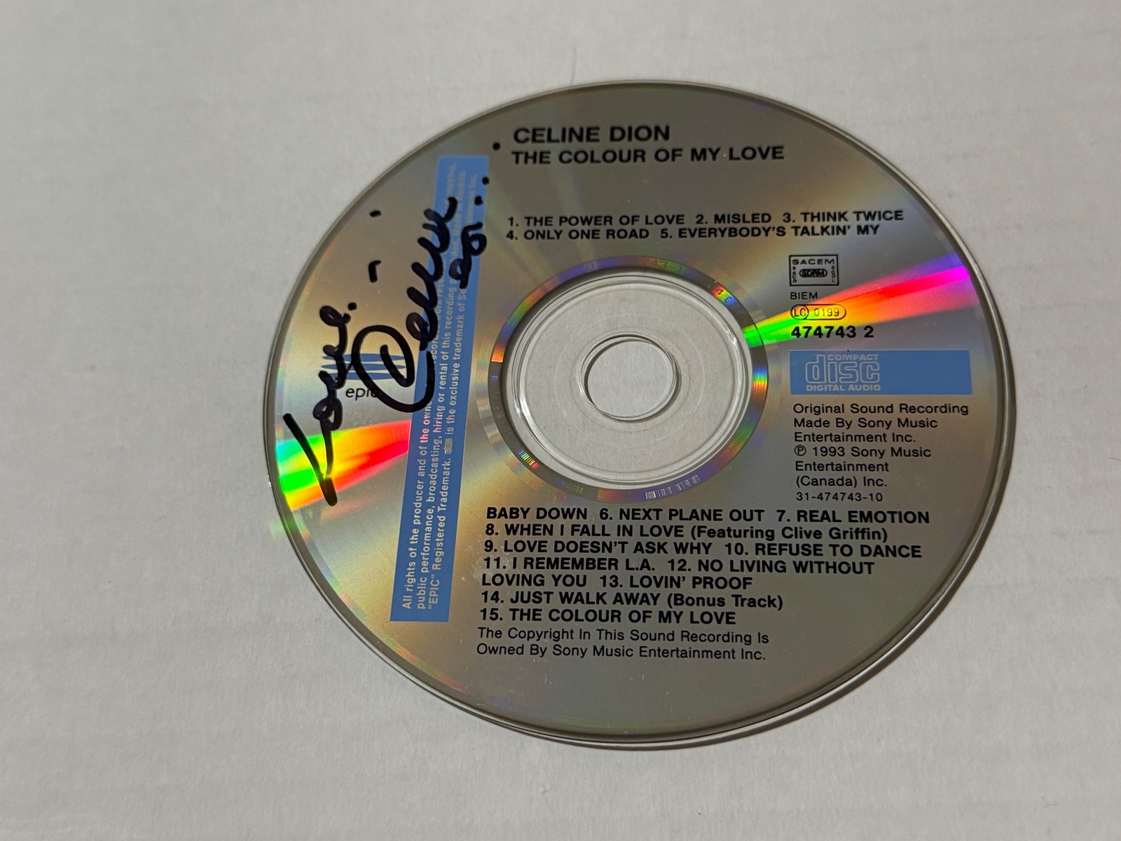 Celine Dion - The Colour of My Love Signed CD only. Signed by Celine Dion.