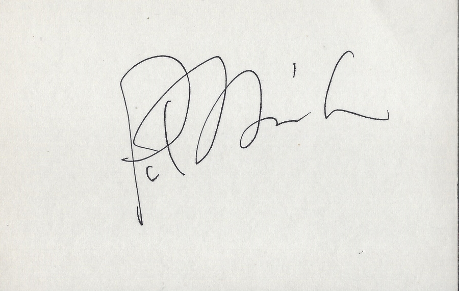 Pat Morita signed index card